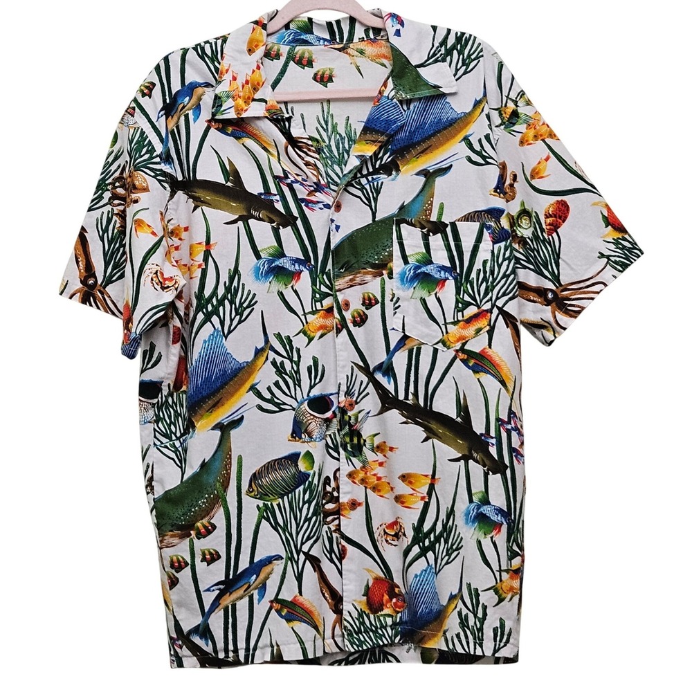 Homemade Mens L Hawaiian Tropical Resort Fish Shark Ocean Button Down Vacation